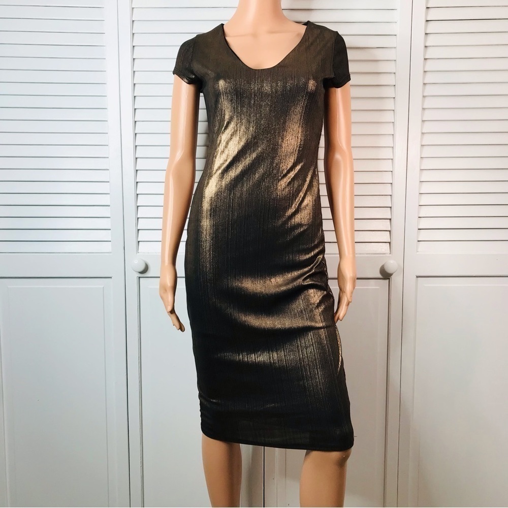 SEE YOU MONDAY Bronze Metallic Short Sleeve Dress Size Medium